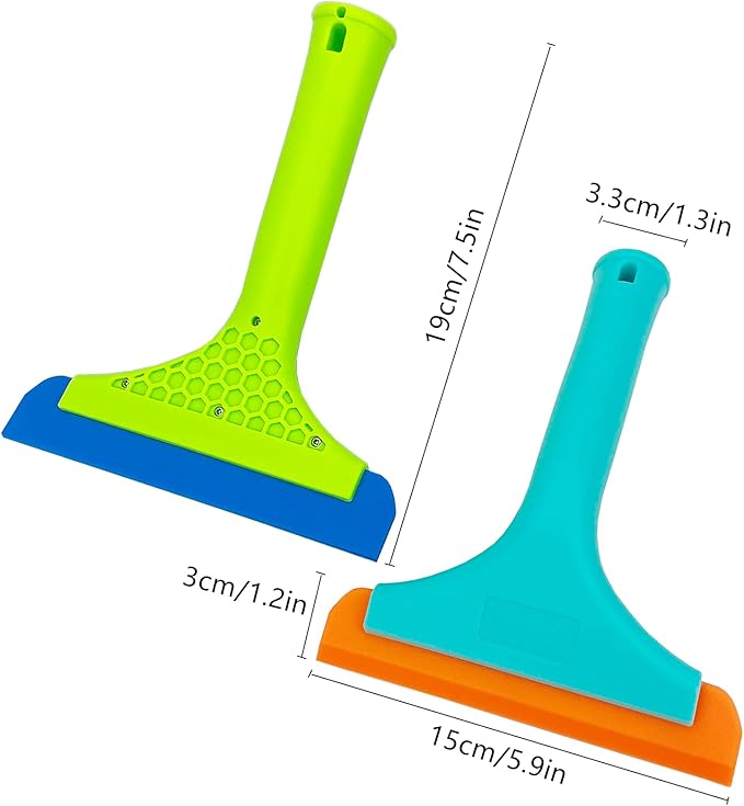 Super Flexible Silicone Squeegee, Auto Water Blade, Water Wiper, Shower Squeegee, 5.9'' Blade and 7.5'' Long Handle, for Car Windshield, Window, Mirror, Glass Door, Green+Lake Blue