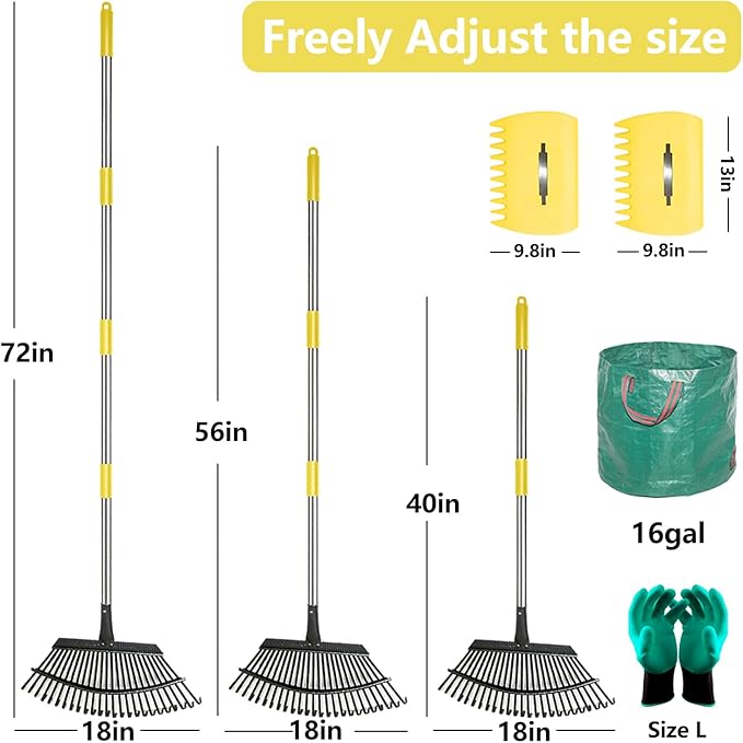 ﻿Stanew 65 Inch Garden Leaf Rake Set ,for Leaves Adjustable Long Handle Rake Sturdy Metal Yard,Garden Rakes17 Wide with 15 Gallon Garden Bag for Gardening Lawns Yard Outdoor Camping