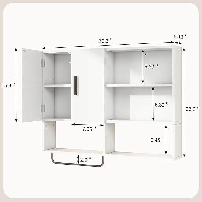 Wooden Bathroom Organizers, Over The Toilet Storage Cabinet with 2 Doors, Adjustable Shelves & Towel Bar, Wall Mounted Medicine Cabinet for Kitchen & Laundry, White