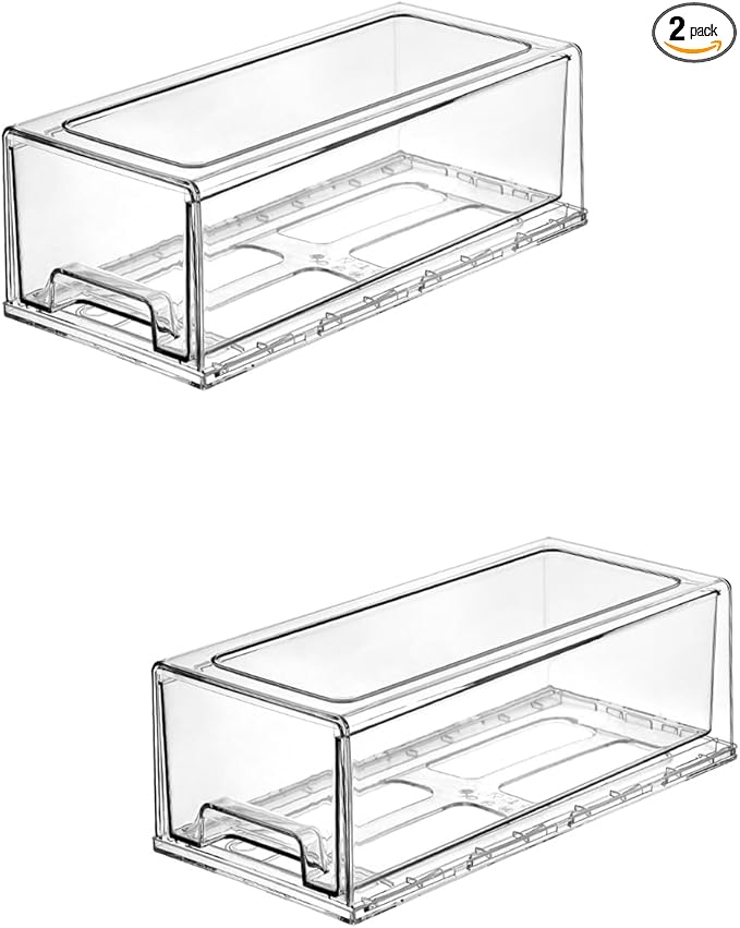 2 Pack Stackable Pull-Out Storage Drawers，Plastic Clear Organizer Bins with Handles，Easily Clean for Craft, and Toy Organization，Kitchen Undersink，Cabinet，Fridge，Closet，Pantry，Office，Bathroom