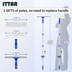 ITTAR Window Squeegee with 2 Sets Stainless Steel Pole, Squeegee Cleaning Tools with Microfiber Pads, 60"-72" Telescopic Window Washing Kit, Professional Squeegee Cleaner for Home Car Outside Glass