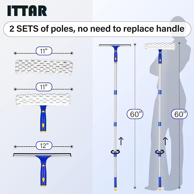 ITTAR Window Squeegee with 2 Sets Stainless Steel Pole, Squeegee Cleaning Tools with Microfiber Pads, 60"-72" Telescopic Window Washing Kit, Professional Squeegee Cleaner for Home Car Outside Glass
