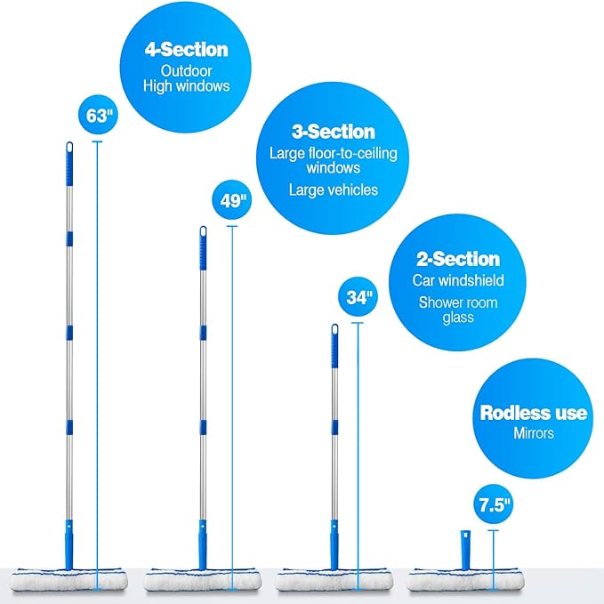 Squeegee for Window Cleaning, 14" Extra-Large Squeegee & Microfiber Scrubber Combi with 60" Stainless Steel Pole, Window Cleaning Kit for Shower Glass Mirror Door Car-2 Pads