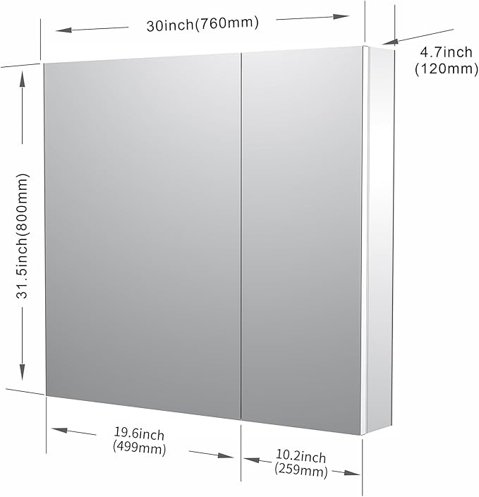 Sunrosa Medicine Cabinet with Mirror, 30" W x 31.5" H, 2 Asymmetrical Doors, Wall-Mounted & Recessed Bathroom Medicine Cabinet with Tempered Glass Mirror