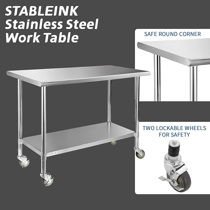 STABLEINK Stainless Steel Table with Caster Wheels 24 x 60 Inches 5ft, NSF Commercial Prep & Work Table with Adjustable Undershelf and Table Foot, for Commercial Kitchen, Restaurant, Hotel and Garage