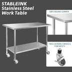 STABLEINK Stainless Steel Table with Caster Wheels 24 x 60 Inches 5ft, NSF Commercial Prep & Work Table with Adjustable Undershelf and Table Foot, for Commercial Kitchen, Restaurant, Hotel and Garage