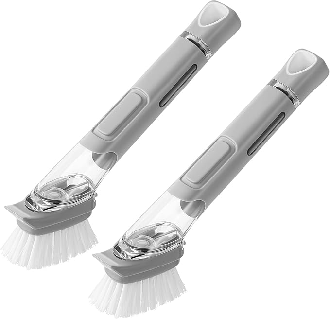 SUBEKYU Dish Brushes with Soap Dispenser, Kitchen Dish Scrubber Brushes with Handle, Dishwashing Cleaning Scrubbers for Dishes/Pans/Pots, Grey 2Pack