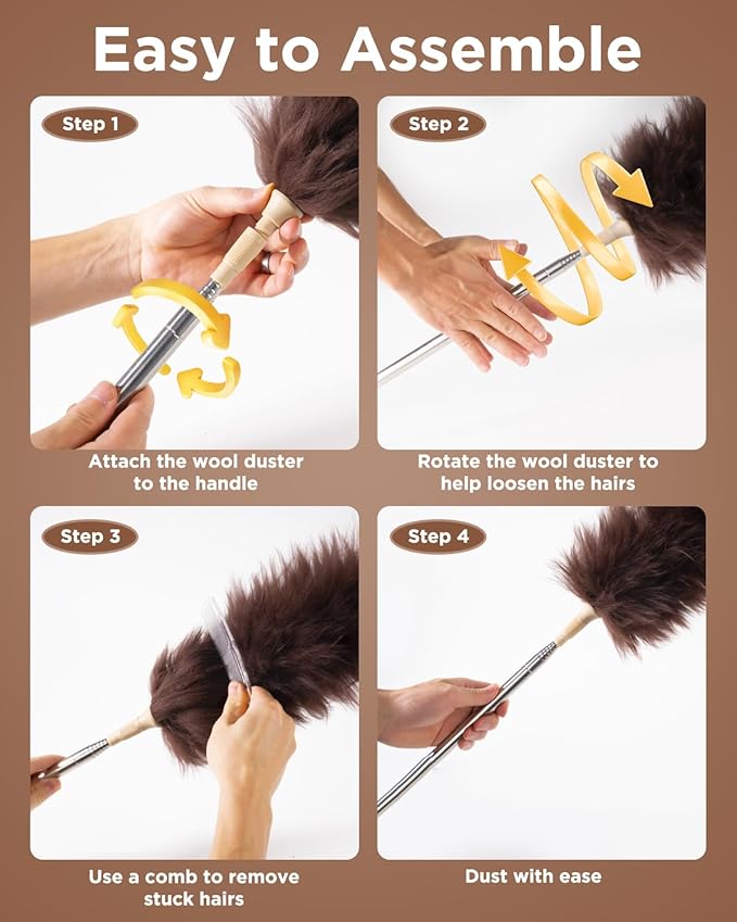 Extendable Lambswool Duster 30-100 Inch, Stainless Steel Long Handle Duster, Natural Feather Duster for Cleaning High Ceilings, Fans, Bookshelves, Interior, Cars