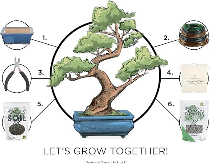 Leaves and Soul Complete Bonsai Set - Small Blue Rectangle Bonsai Pot | 160ft of Bonsai Hobby Wire | Wire Cutter | Bonsai Soil | Bonsai Fertilizer | Storage Bag
