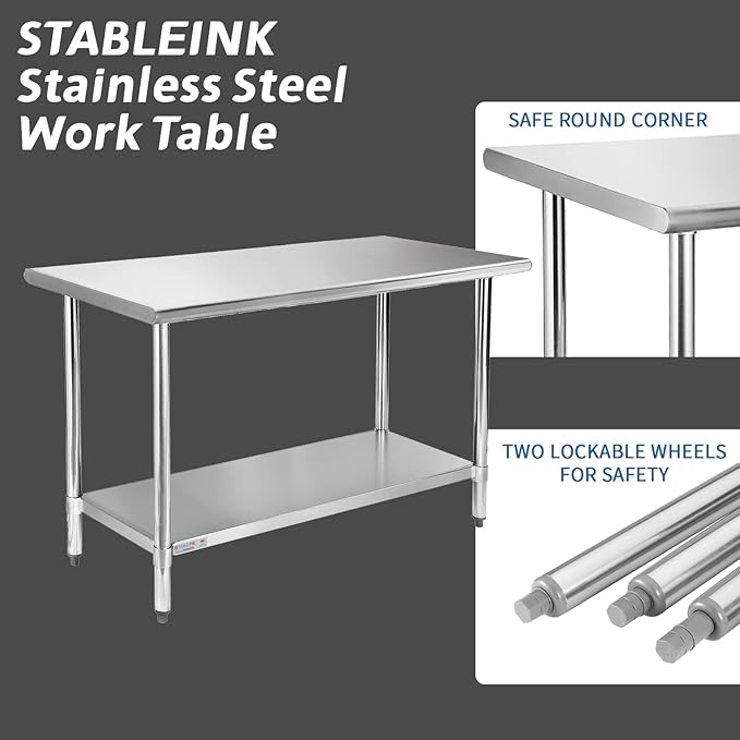 STABLEINK NSF Stainless Steel Table 24 x 60 Inches 5ft, Metal Prep & Work Tables with Adjustable Undershelf, for Commercial Kitchen, Restaurant, Hotel and Garage