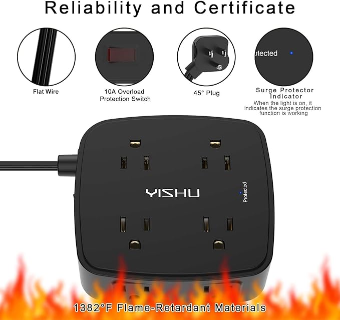 10 Ft Surge Protector Power Strip - YISHU 8 Widely Outlets with 4 USB Ports, 3 Side Outlet Extender with 10 Feet Flat Extension Cord, Ultra Flat Plug, Wall Mount, Desk USB Charging Station, ETL, Black