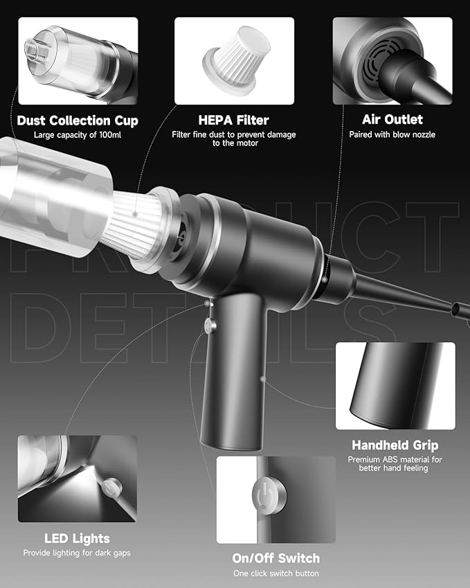 Mini Vacuum Cleaner Cordless with LED Light | 15000 Pa Hand Vacuum Cordless Rechargeable - Portable 3-in-1 Powerful Car Vacuums with Multi-Nozzles for Car, Home, Pet Hair, Black