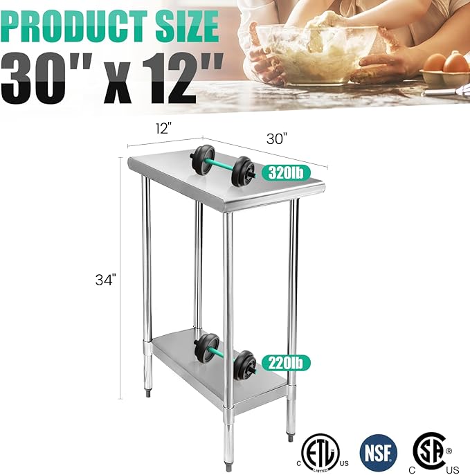 STABLEINK NSF Stainless Steel Table 30 x 12 Inches, Metal Prep & Work Table with Adjustable Undershelf, for Commercial Kitchen, Restaurant, Hotel and Garage，Small Tables