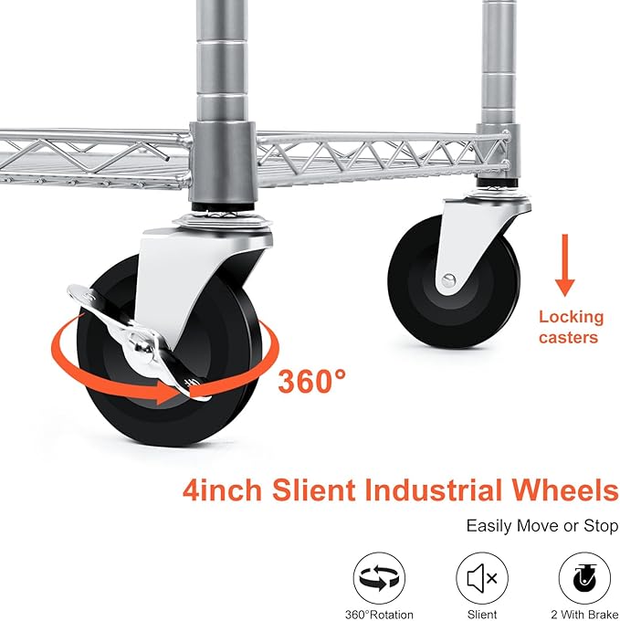 Heavy Duty Utility Cart, 990Lbs Capacity 3 Tier Rolling Carts with Wheels, Kitchen Cart on Wheels with Storage, Commercial Grade Metal Serving Carts with Wire Shelving &Handle Bar, Silver