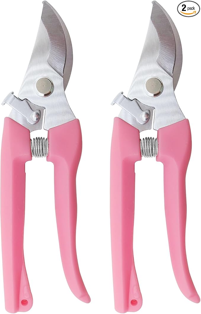 Pruning Shears for Gardening, 2 Pack Garden Scissors for Cutting Fresh Flowers, Floral Clippers for Plants, Fruits (Pink)