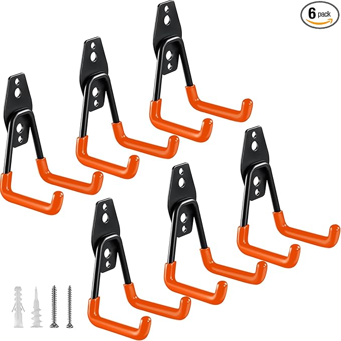 Heavy Duty Garage Hooks 6 Pack, 2.8 inch Small U Shaped Hanger, Wall Mounted Storage System, Power and Garden Tool Organizer, for Hanging Ladders, Hose, Bulk Items and More