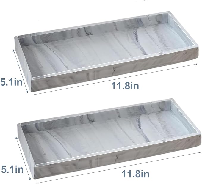 2PCS 11.8” L x 5” W Silicone Soap Dispenser Tray, Bathroom Sink Vanity Trays for Dresser Tops, Toilet, Small Tray for Scrubber, Lotion Bottles, Perfume, Jewelry, Candle, Key Trinket Ring-White Marble