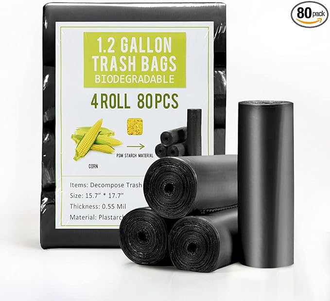 Jaoul Trash Bags 1.2 Gallon, Small Garbage Bags, Strong & Unscented Mini Trash Bags for Kitchen, Bathroom, Office, Restroom, Car, Black, 80 Counts