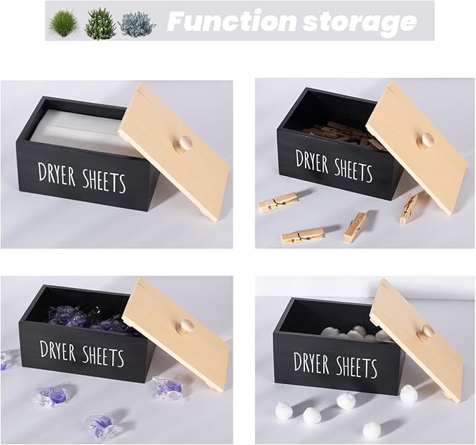 zoocatia Laundry Room Decor Dryer Sheet Container Wood Detergent Dispenser Holder Organization and Storage Box with Lid for Dryer Balls, Laundry Pods, Black