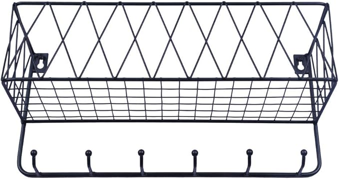 OROPY Entryway Mail Holder with Key Hooks, 14" L×4.7" W×6.5" H, Wall Mounted Matte Black Metal Wire Mesh Storage Basket with 6 Hooks, easy to Organize Letters, Magazines, Keys, Leashes for Entryway