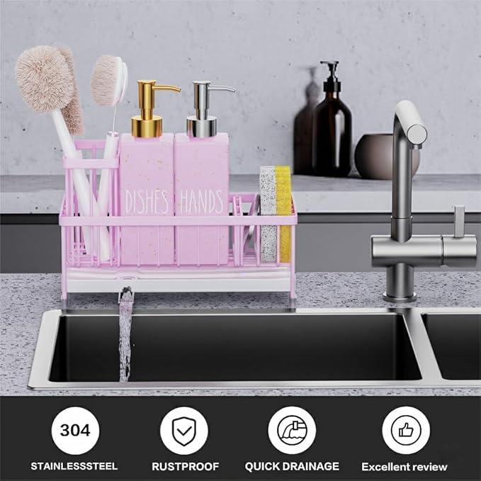 Cisily Dish Soap Dispenser, 12 fl oz Kitchen Soap Dispensers with Sponge Holder, Gold and Silver Pump Pink Glass Kitchen Soap Dispenser Set, Hand and Dish Soap Bottle Set, Pink Decor Accessories