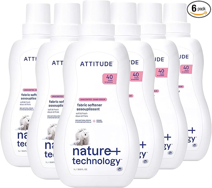 ATTITUDE Liquid Fabric Softener, Plant-Based & Vegan, HE Compatible, Naturally Derived, Unscented, 40 Loads, 33.8 Fl Oz (Pack of 6)