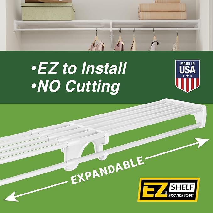 EZ SHELF - Hanging Shelf - Closet Rod - Expands 63.3-118” - White, Closet Shelves - Strong, Holds 200 lbs - DIY, Easy Install - to 2 Side Walls - Alternative to Wire Shelving