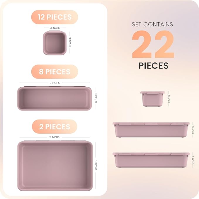 A-LuGei 【𝟮𝟮𝗣𝗖𝗦】 Plastic Lilac Desk Drawer Organizer, Bathroom Organizers and Storage, Makeup Organizer, Organization and Storage Bin Container for Vanity Office Utensils Tool Pantry Cosmetic