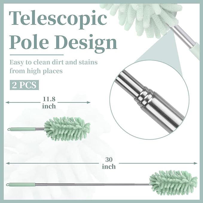 2 PCS Car Interior Duster with Extension Pole, Microfiber Car Dusters with Bendable Head, Cars Dusters Exterior&Interior Scratch Free, for Cleaning of Vehicle Details, Offices, Window (Light Green)