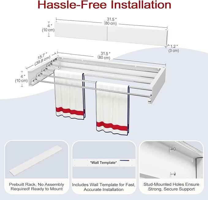 Wall Mounted Drying Rack 31.5", Foldable Laundry Drying Rack with Stainless Steel Rods, Retractable Laundry Space Saver for Indoor & Outdoor Use, Include Wall Template