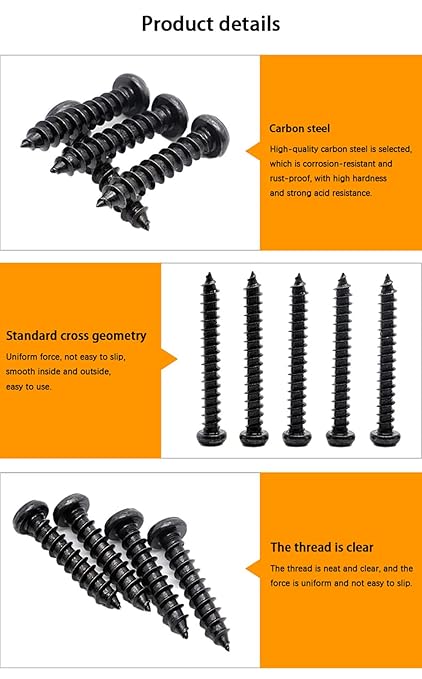 450 pcs M3 M4 M5 Black Wood Screws Assortment Kit,High Hardness Carbon Steel Self-Tapping Screws,Phillips Drive Pan Round Head Screws Set Kit,Black Oxide,Full Thread