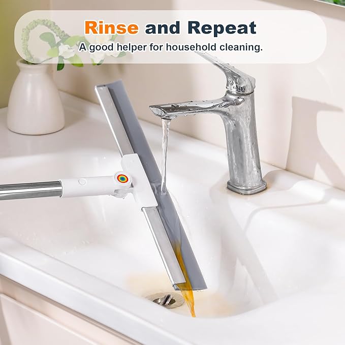 Rubber Squeegee Broom for Floor,Upgrade 62" Long Handle Window Squeegee, 2 Cleaning Cloths, Silicone Pet Hair Remover,Magic Broom Removes Water Spots, Stains, Grease, and Hair from Glass Surfaces.