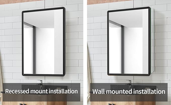 Aluminum Bathroom Medicine Cabinet with Farmhouse Black Framed 16x26 Inches Recess or Surface Mount Mirror Cabinet for Bathroom Toilet Kitchen