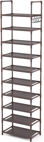 LANTEFUL 10 Tiers Tall Shoe Rack 20-25 Pairs Boots Organizer Storage Sturdy Narrow Shoe Shelf for Entryway, Closets with Hooks, Brown