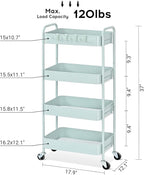 TOOLF 4-Tier Metal Rolling Cart with Wheels, Storage Utility Organizer Cart for Kitchen, Bathroom, Office, Baby Essentials & Makeup - Lockable Casters, Easy Assembly, Large Capacity, Green