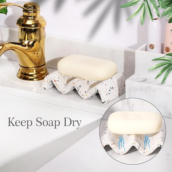Luxspire Soap Dish, Marble Soap Dish, Self-draining Tray, Soap Holder Saver for Shower, Bathroom, Sink, Kitchen and Countertop, Terrazzo, 2 Pack