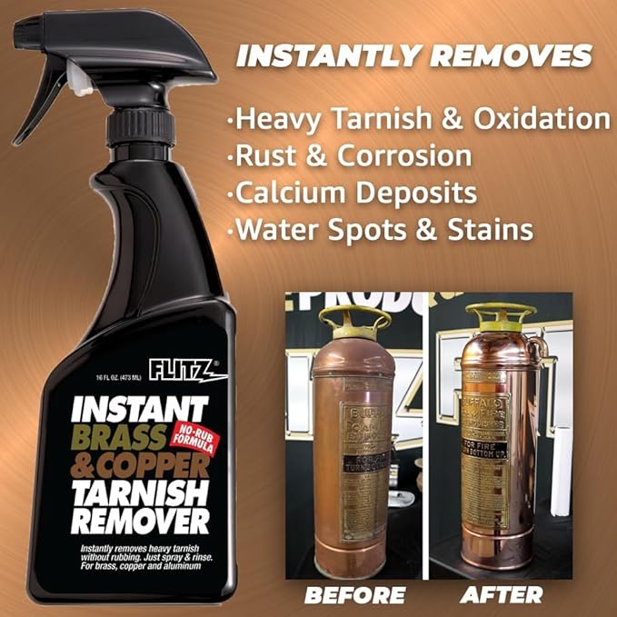 Flitz Instant Brass and Copper Tarnish Remover - 16oz Bottle of USA-Made Organic Rust Remover Spray (No-Rub) - Removes Stains & Oxidation from Glass & Aluminum - Brass Cleaners That Work (3 Pack)