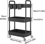 UDEAR 3-Tier Rolling Utility Cart,Multifunctional Storage Shelves with Handle and Lockable Wheels for Room,Office,Kitchen,Bathroom,with 3 Hanging Cups,Black