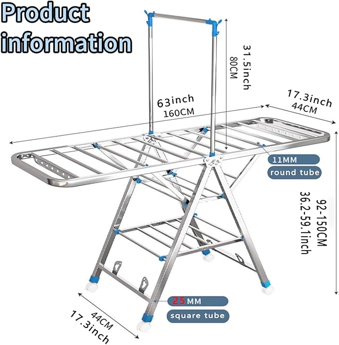 Heavy Duty Clothes Drying Rack Foldable with Brake Wheels,75''Extra-Thick Metal Frame, No Assembly Required, Adjustable Height for Indoor Outdoor Use