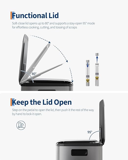 GarveeHome 2 x 8 gal Stainless Steel Double Trash Can with Lid for Kitchen, Large Dual Trash and Recycle Bin Combo, Step-on Kitchen Metal Garbage Cans, PP Inner Buckets, Liner Rim, Matte Grey