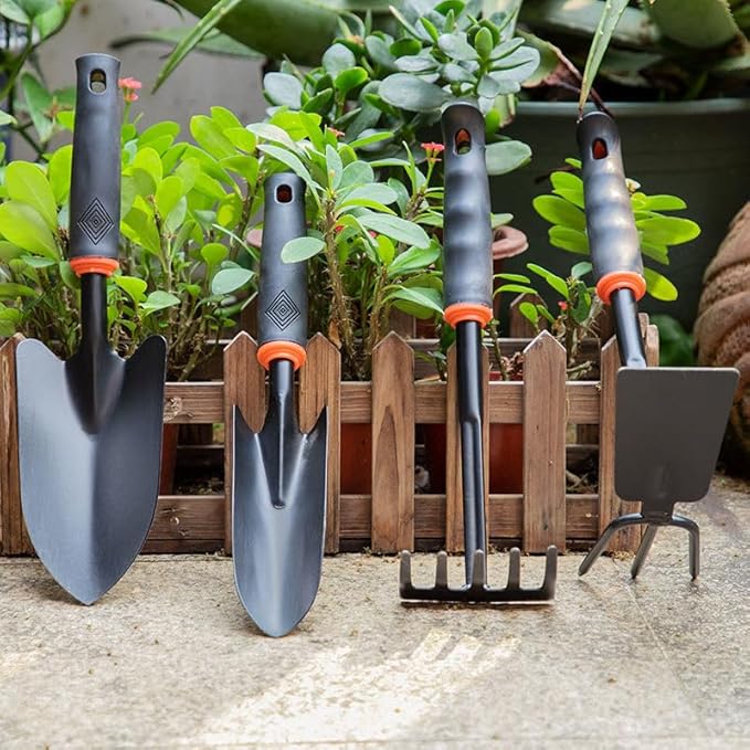 Arinasun Garden Tool Set, 4 Pieces， Including 2 Shovels,1 Rake, 1 Cultivator, Rust-Resistant lron Tools, Rubber Grip Handles