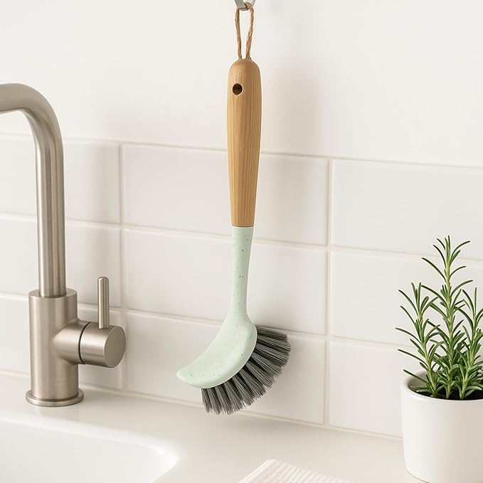 Beille 1pc Dish Brush with 9 Inch Bamboo Handle Household Essentials Cleaning Supplies