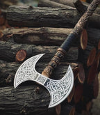 Hand Forged Double Headed Carbon Steel Axe – Bearded Battle Axe with Ash Wood Handle and Leather Sheath – Handmade Functional Gift for Him (DHA)