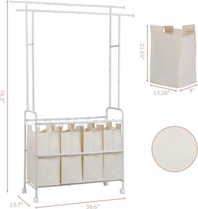 Laundry Sorter 4 Sections,Laundry Basket Organizer with Double Hanging Bars,Laundry Sorter Cart with Hanging Clothes Rack for Laundry Room for Bedroom Laundry Room Clothing Storage, White