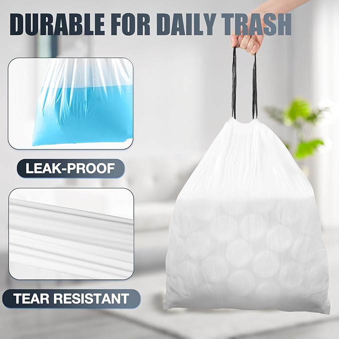 Drawstring 8 Gallon Trash Bags - 42 Count Pre-separated Medium Trash Bags 8 Gallon, White Unscented 8 Gal Garbage Bags