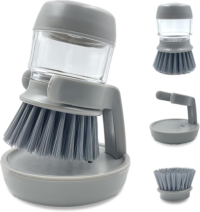 Soap Dispenser Dish Brush, Palm Brush Scrub Brush, with Storage Bracket and Drainage Base, Gray