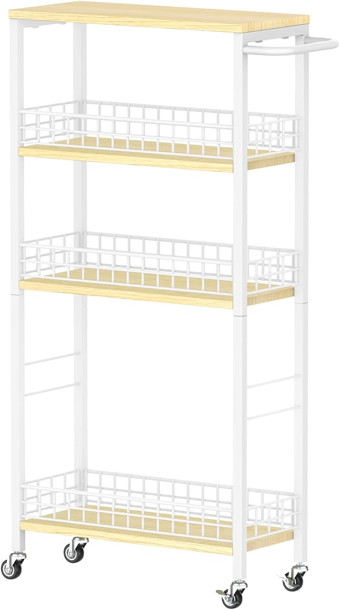 Slim Storage Cart White Narrow Storage Cabinet 4 Tier Laundry Room Organization Mobile Bathroom Shelving Unit Organizer Rolling Utility Cart Slide Out Kitchen Cart Tower Rack for Narrow Places 7.08’’W