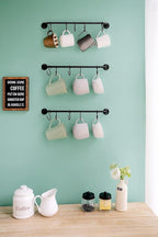 Mkono Mug Holder Wall Mounted Coffee Cup Rack Hanger Modern Metal Wall Rack with 15 Mug Hooks Rustic Utensil Tea Cups Storage Organizer for Kitchen Dining Room Coffee Bar, Set of 3, Black