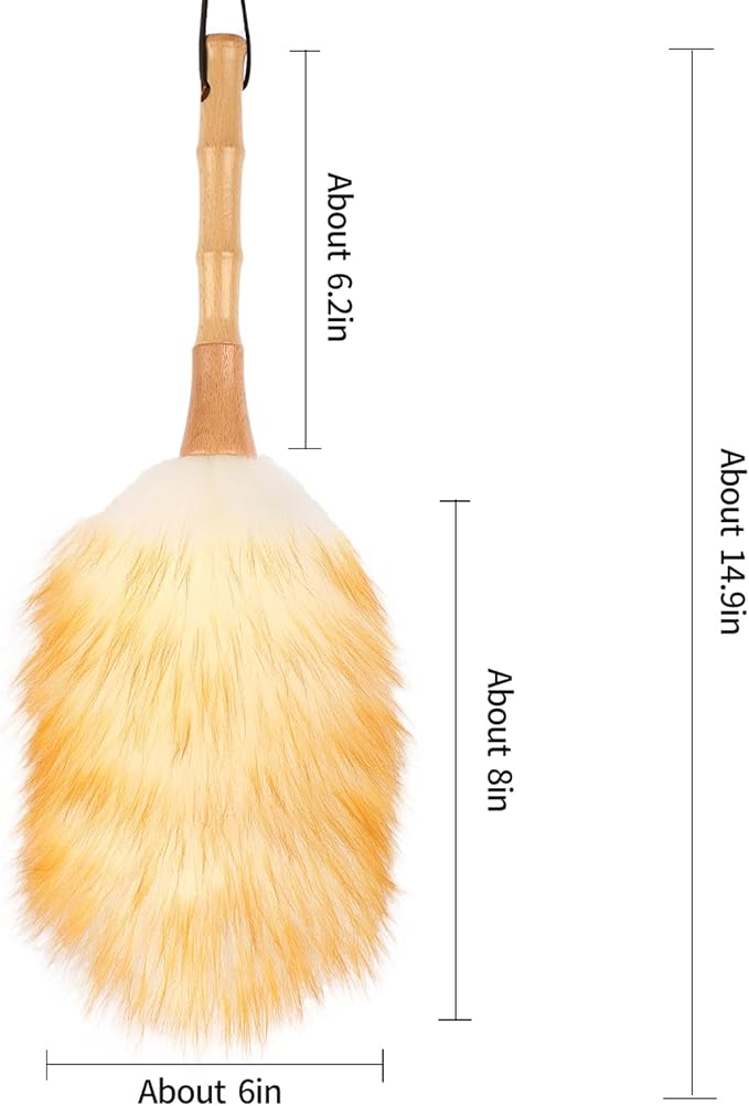 Feather Duster, Lambswool Duster for Cleaning,with Solid Wooden Handle,Leather Hang Strap,Anti-Static 14.9 inch Washable Reusable Small Hand Duster(Natural) for Office, Home and Car