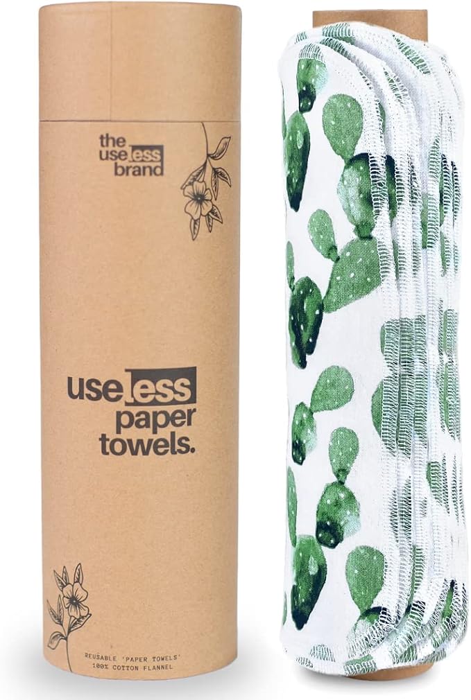 The Useless Brand Reusable Paper Towels Roll | 12 Eco Friendly Washable Cotton Flannel Towels w/Cardboard Roll | Zero Waste & Sustainable | Fits on All Holders (Cactus, 12 Towels)